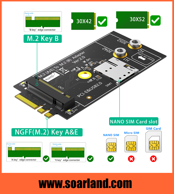 M.2 KEY-B to KEY A+E Adapter with SIM