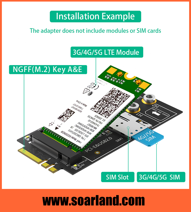 M.2 KEY-B to KEY A+E Adapter with SIM