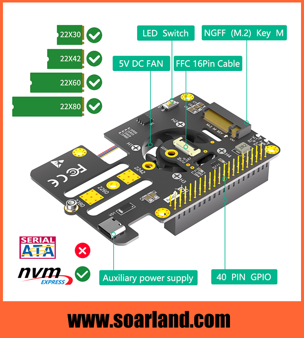 M.2 KEY-M NVMe SSD to Raspberry Pi 5 PCIe Adapter